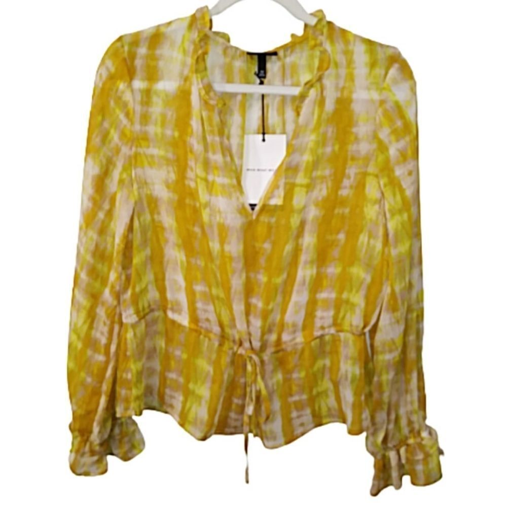WHO WHAT WEAR Women's M Ruffle Long Sleeve Semi-Sheer Drawstring Blouse Yellow